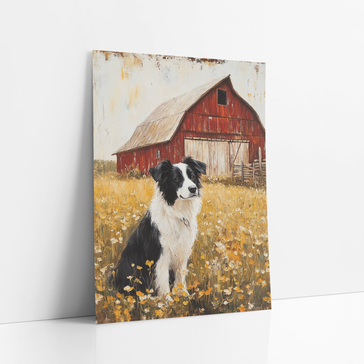 Border Collie Red Barn Farmhouse art print leaning against a white wall – black and white border collie sitting in a yellow