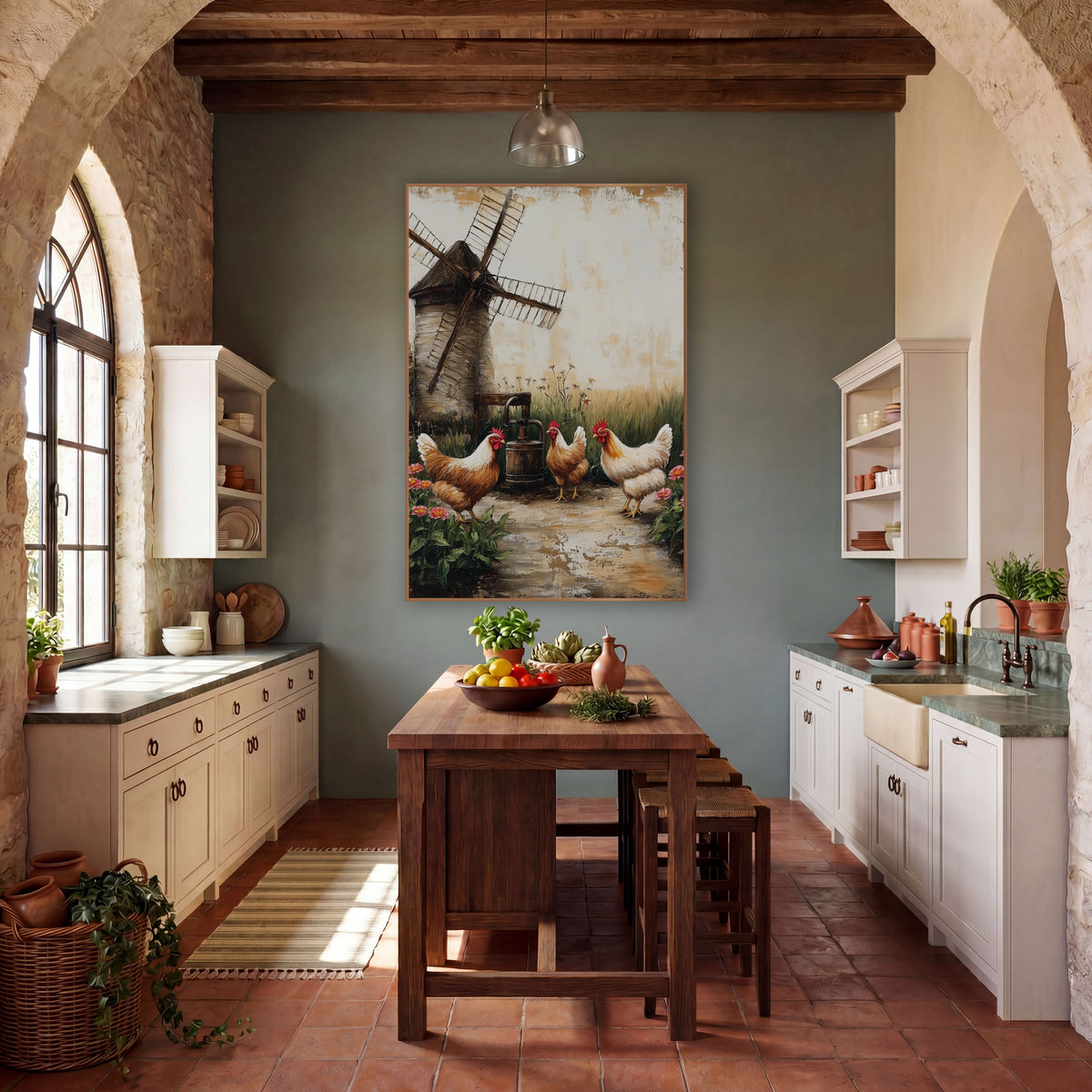 Farmyard Hens Windmill Rustic wall art in a farmhouse-style room – three brown and cream hens beside a wooden water