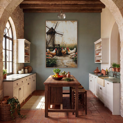 Farmyard Hens Windmill Rustic wall art in a farmhouse-style room – three brown and cream hens beside a wooden water