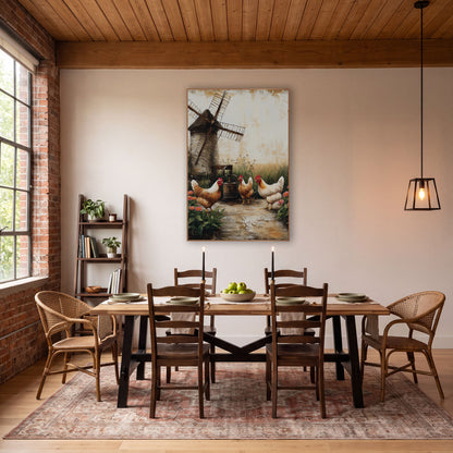 Farmyard Hens Windmill Rustic wall art in a farmhouse-style room – three brown and cream hens beside a wooden water