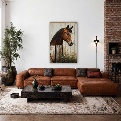 Horse Facing Right Gilded Whitewash wall art in a farmhouse-style room – chestnut horse with dark mane and white
