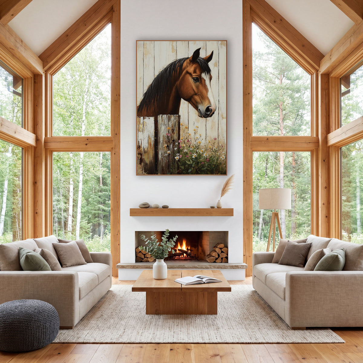 Horse Facing Right Gilded Whitewash wall art in a farmhouse-style room – chestnut horse with dark mane and white