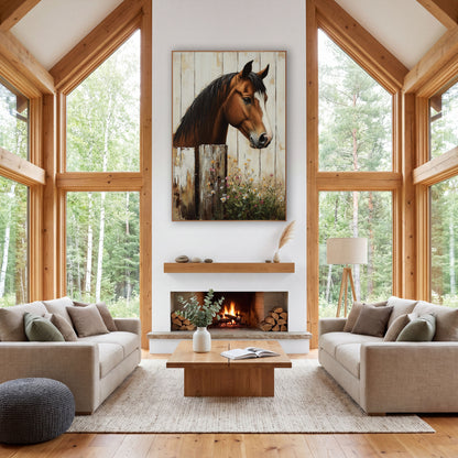 Horse Facing Right Gilded Whitewash wall art in a farmhouse-style room – chestnut horse with dark mane and white