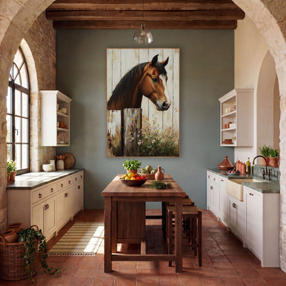Horse Facing Right Gilded Whitewash wall art in a farmhouse-style room – chestnut horse with dark mane and white