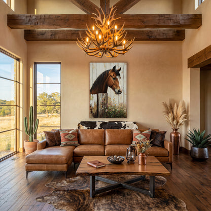 Horse Facing Right Gilded Whitewash wall art in a farmhouse-style room – chestnut horse with dark mane and white