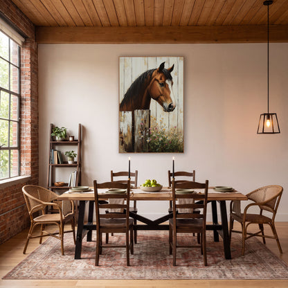 Horse Facing Right Gilded Whitewash wall art in a farmhouse-style room – chestnut horse with dark mane and white