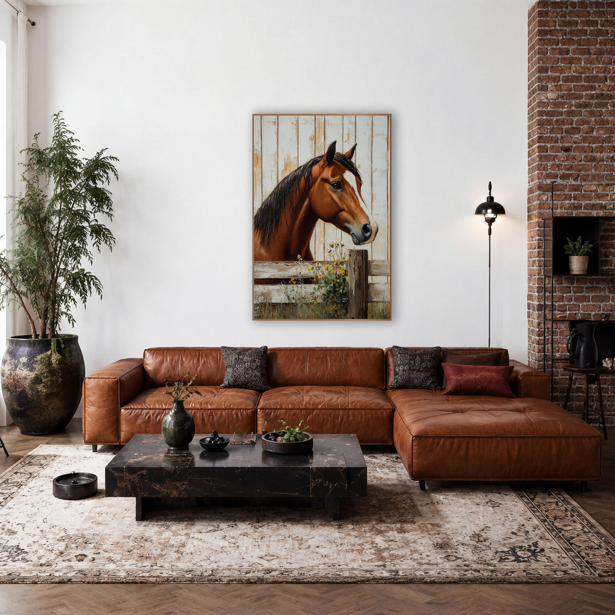 Horse Facing Right Meadow Fence wall art in a farmhouse-style room – chestnut horse with black mane and white blaze