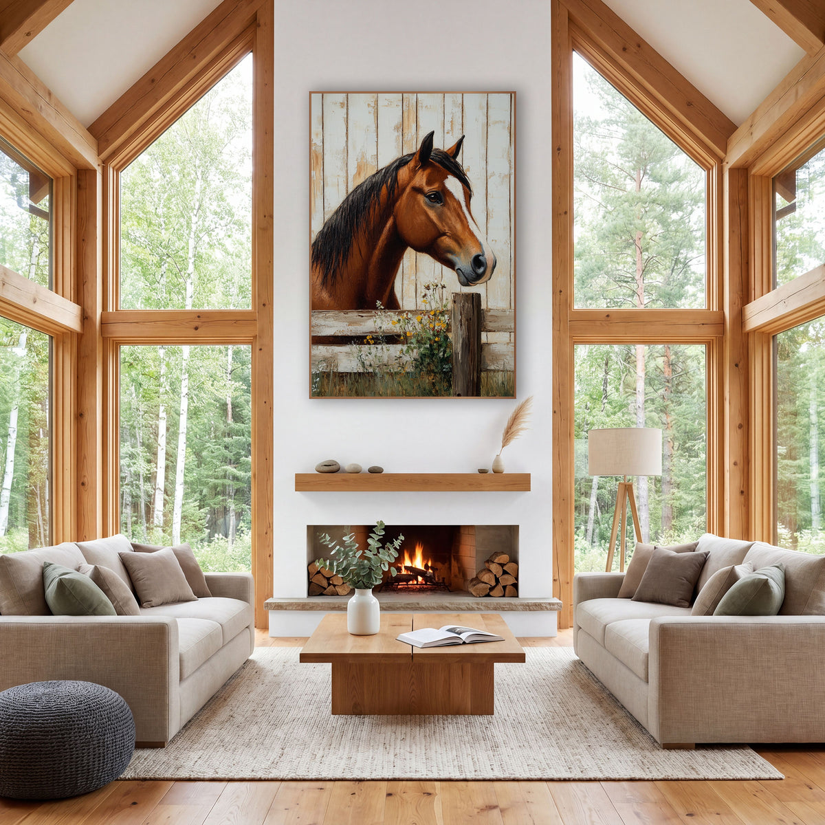Horse Facing Right Meadow Fence wall art in a farmhouse-style room – chestnut horse with black mane and white blaze