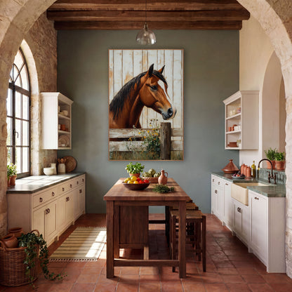 Horse Facing Right Meadow Fence wall art in a farmhouse-style room – chestnut horse with black mane and white blaze