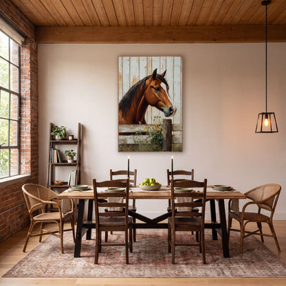 Horse Facing Right Meadow Fence wall art in a farmhouse-style room – chestnut horse with black mane and white blaze