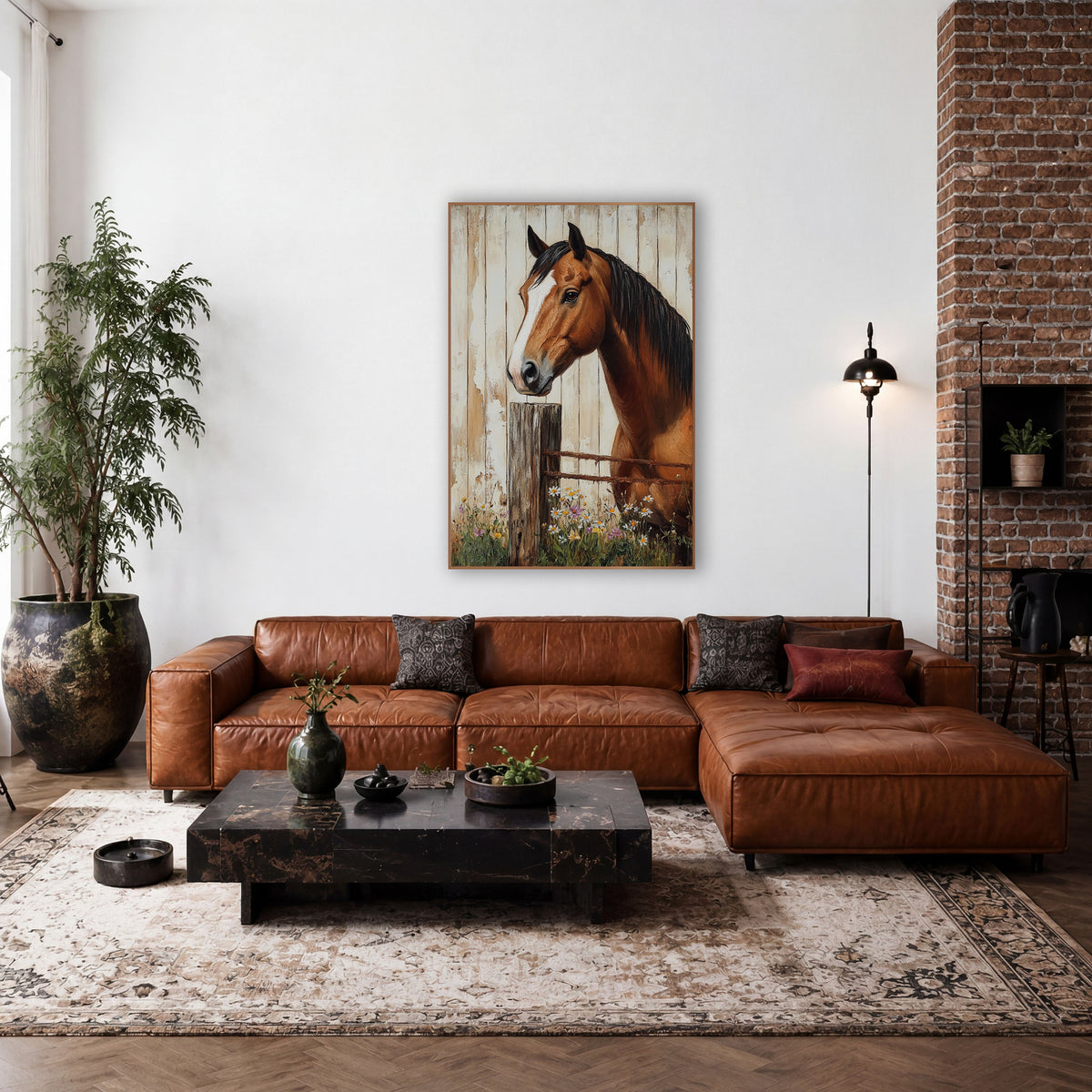 Horse Barbed Wire Fence Daisies wall art in a farmhouse-style room – chestnut horse with white blaze leaning