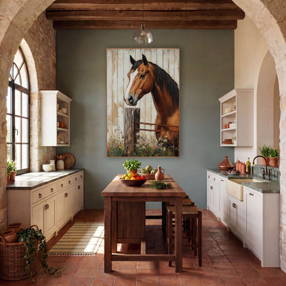 Horse Barbed Wire Fence Daisies wall art in a farmhouse-style room – chestnut horse with white blaze leaning
