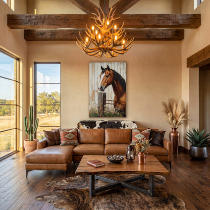 Horse Barbed Wire Fence Daisies wall art in a farmhouse-style room – chestnut horse with white blaze leaning