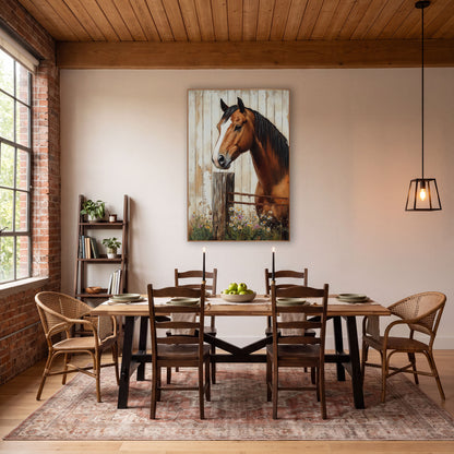 Horse Barbed Wire Fence Daisies wall art in a farmhouse-style room – chestnut horse with white blaze leaning