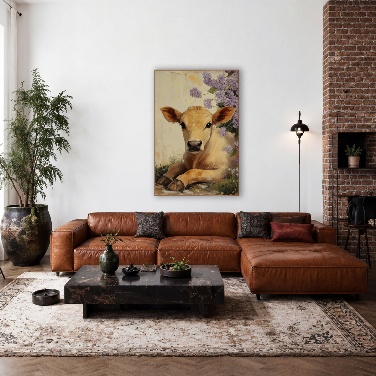 Golden Calf Lilac Branch Painterly wall art in a farmhouse-style room – golden calf lying in grass beside purple lilac