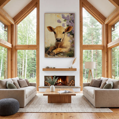 Golden Calf Lilac Branch Painterly wall art in a farmhouse-style room – golden calf lying in grass beside purple lilac