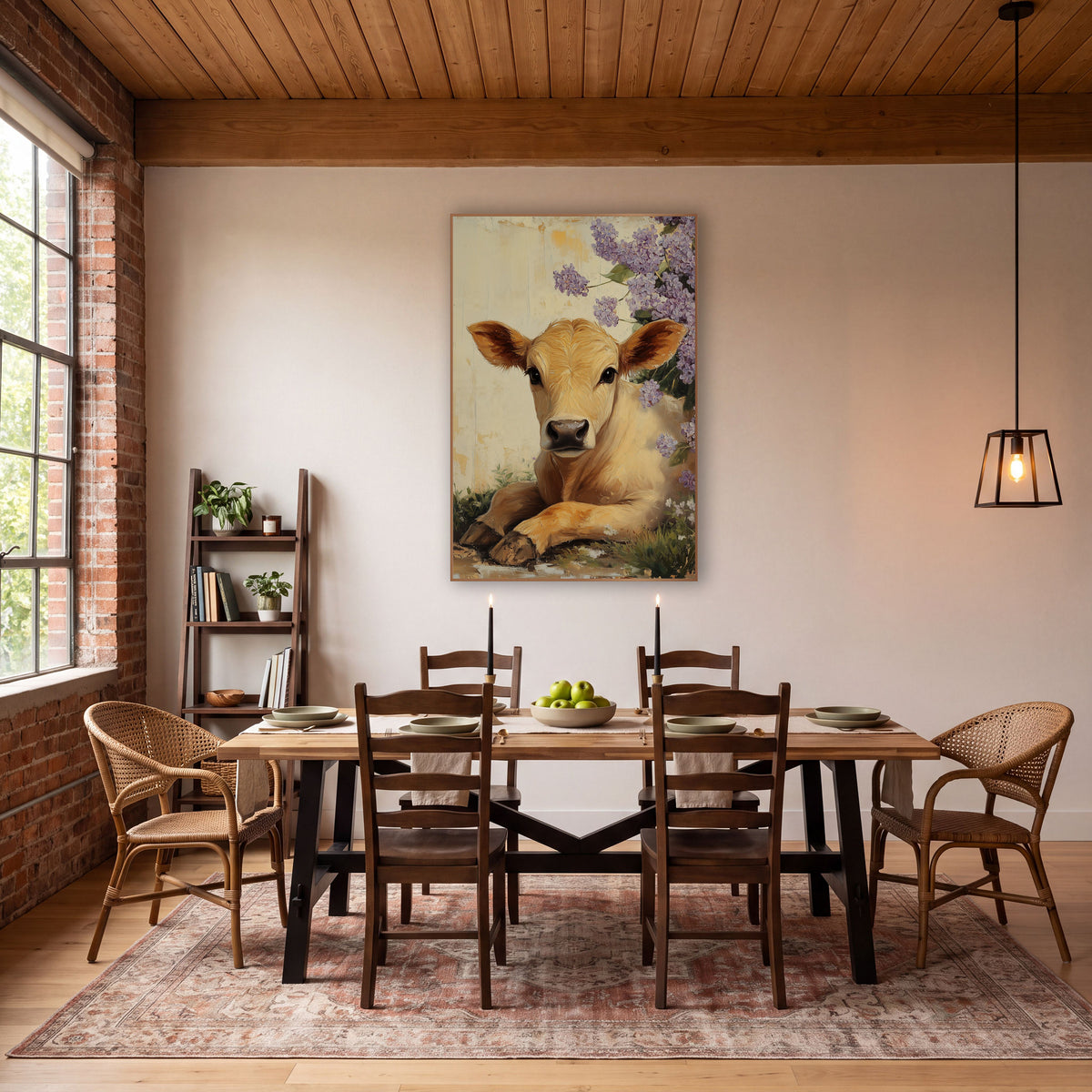 Golden Calf Lilac Branch Painterly wall art in a farmhouse-style room – golden calf lying in grass beside purple lilac