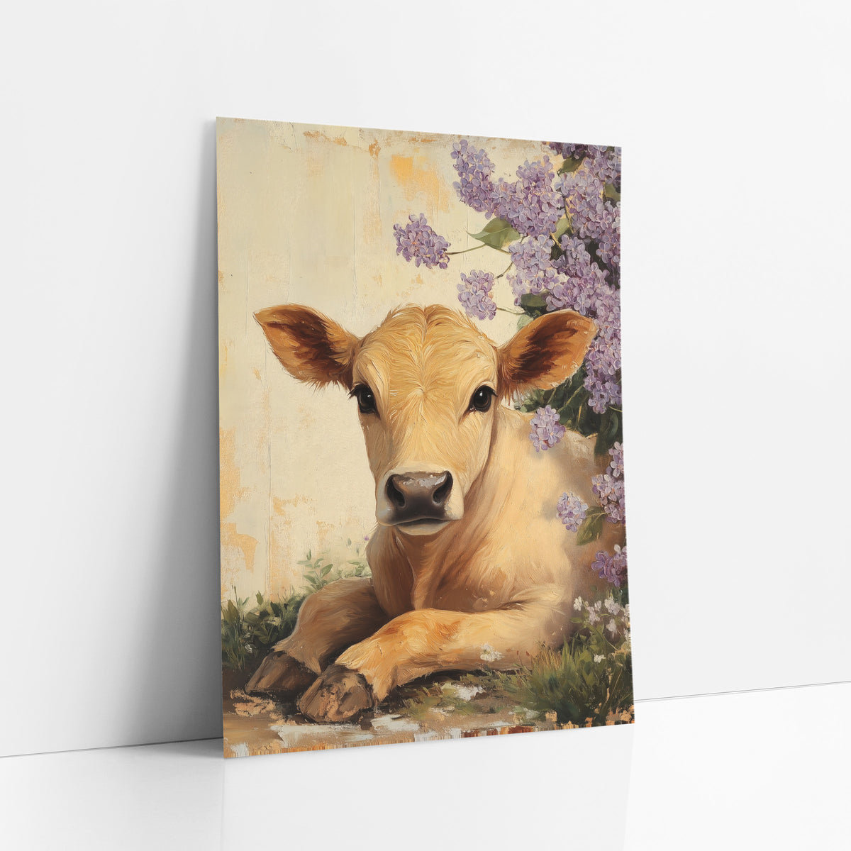 Golden Calf Lilac Branch Painterly art print leaning against a white wall – golden calf lying in grass beside purple lilac