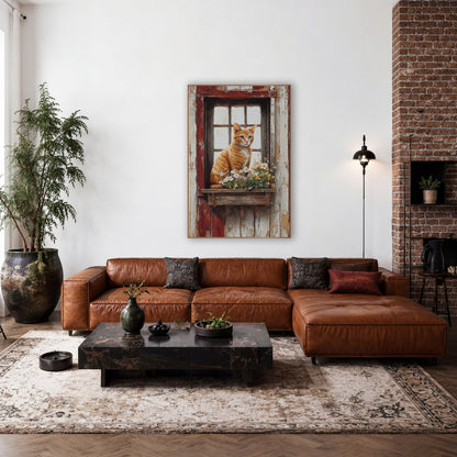 Ginger Cat Window Box Farmhouse wall art in a farmhouse-style room – ginger tabby cat sitting in a red window frame