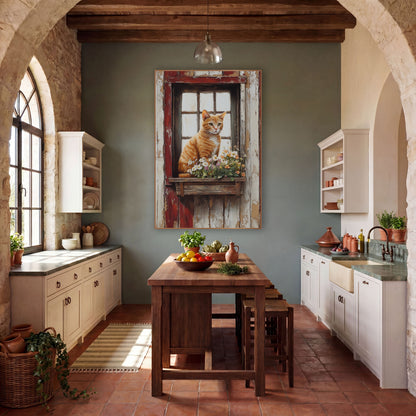Ginger Cat Window Box Farmhouse wall art in a farmhouse-style room – ginger tabby cat sitting in a red window frame