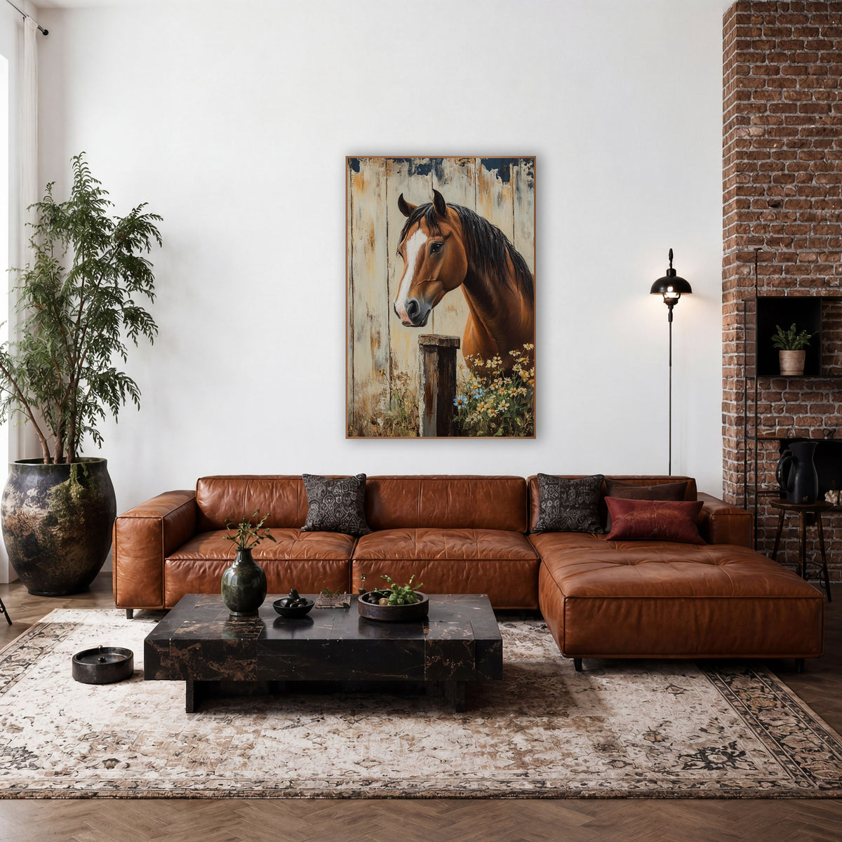 Horse Navy Chipped Planks Rustic wall art in a farmhouse-style room – chestnut horse with white blaze beside a wooden
