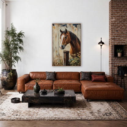 Horse Navy Chipped Planks Rustic wall art in a farmhouse-style room – chestnut horse with white blaze beside a wooden