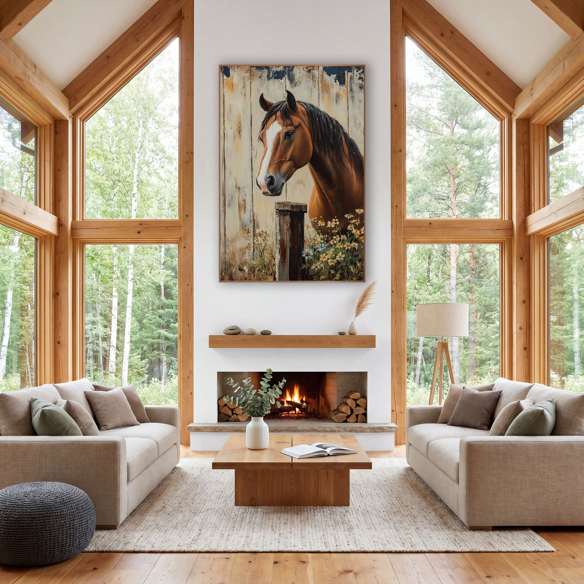 Horse Navy Chipped Planks Rustic wall art in a farmhouse-style room – chestnut horse with white blaze beside a wooden