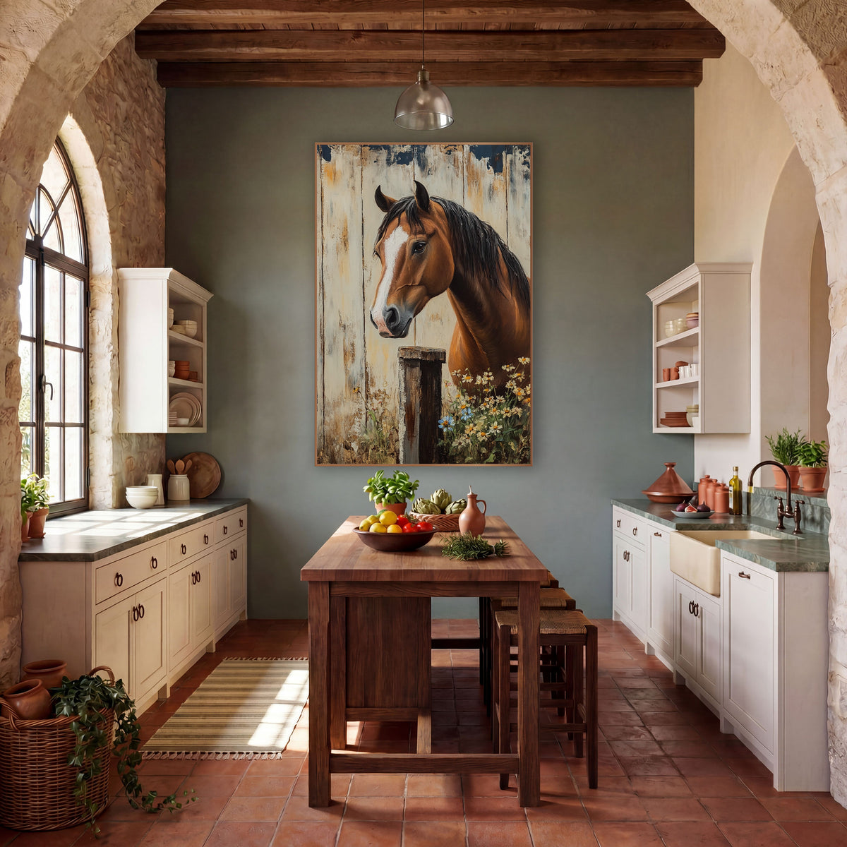 Horse Navy Chipped Planks Rustic wall art in a farmhouse-style room – chestnut horse with white blaze beside a wooden
