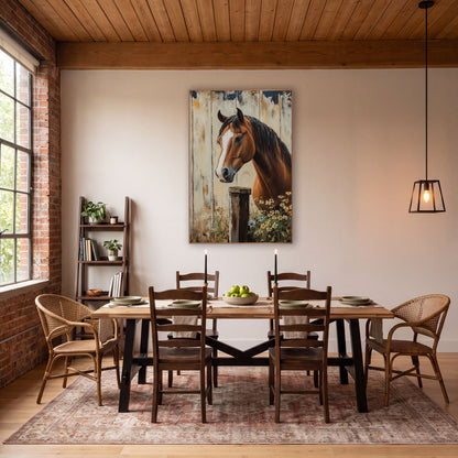 Horse Navy Chipped Planks Rustic wall art in a farmhouse-style room – chestnut horse with white blaze beside a wooden
