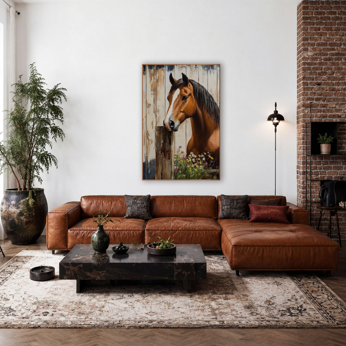 Horse Rusted Hinge Post Painterly wall art in a farmhouse-style room – chestnut horse with white blaze
