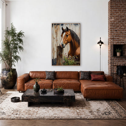 Horse Rusted Hinge Post Painterly wall art in a farmhouse-style room – chestnut horse with white blaze
