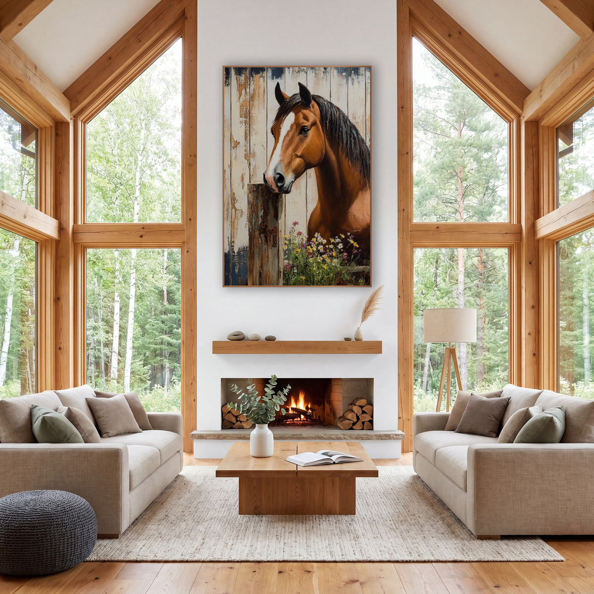 Horse Rusted Hinge Post Painterly wall art in a farmhouse-style room – chestnut horse with white blaze