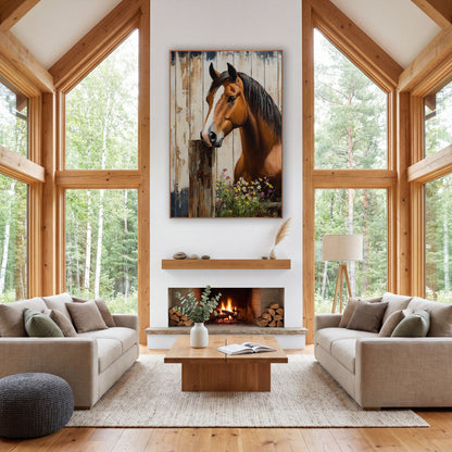 Horse Rusted Hinge Post Painterly wall art in a farmhouse-style room – chestnut horse with white blaze