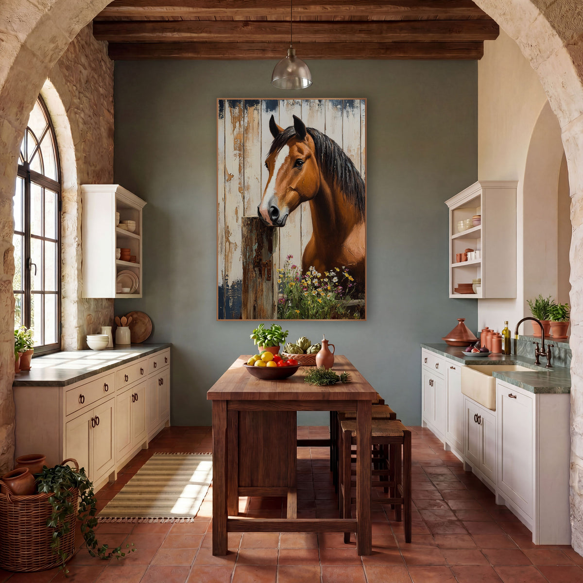 Horse Rusted Hinge Post Painterly wall art in a farmhouse-style room – chestnut horse with white blaze