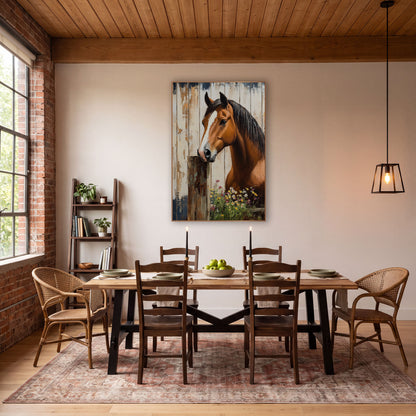 Horse Rusted Hinge Post Painterly wall art in a farmhouse-style room – chestnut horse with white blaze
