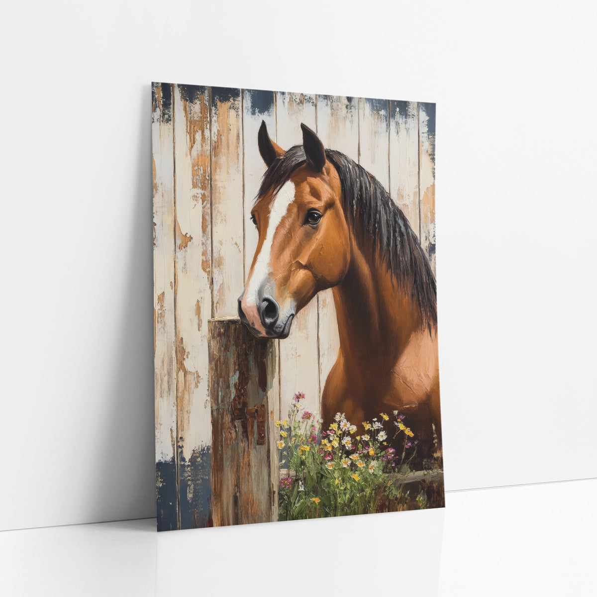 Horse Rusted Hinge Post Painterly art print leaning against a white wall – chestnut horse with white blaze beside a weathered