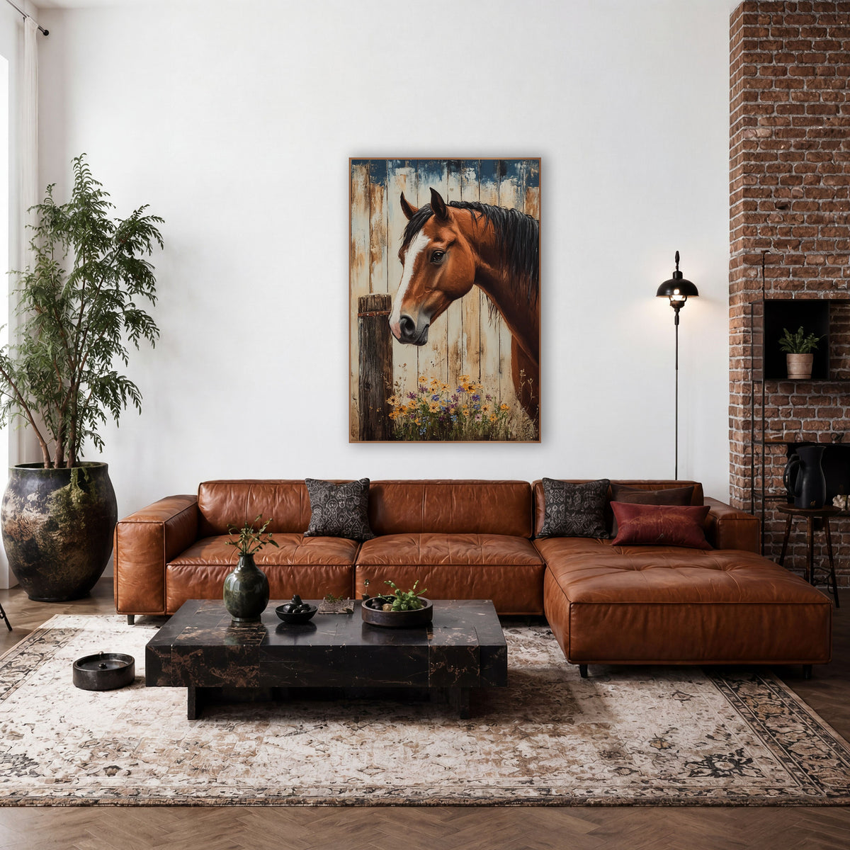Horse Cobalt Planks Orange Blooms wall art in a farmhouse-style room – chestnut horse with white blaze beside a wooden