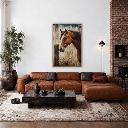 Horse Cobalt Planks Orange Blooms wall art in a farmhouse-style room – chestnut horse with white blaze beside a wooden