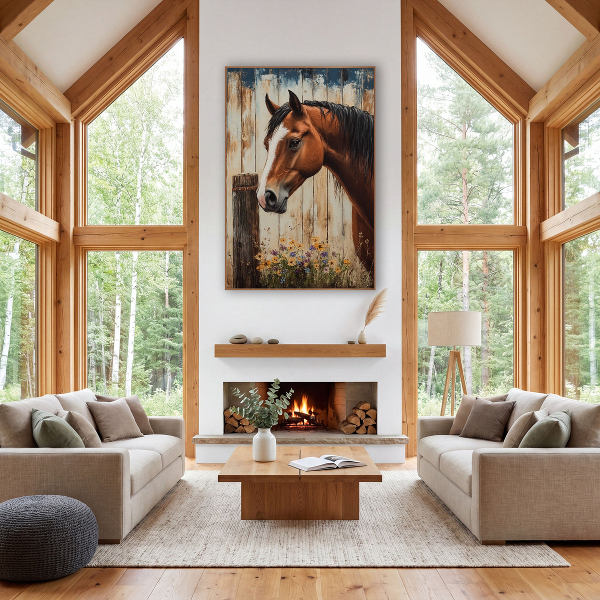 Horse Cobalt Planks Orange Blooms wall art in a farmhouse-style room – chestnut horse with white blaze beside a wooden