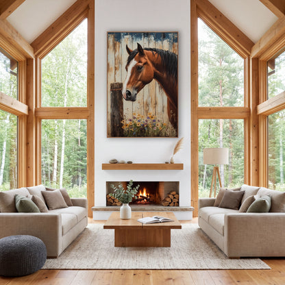 Horse Cobalt Planks Orange Blooms wall art in a farmhouse-style room – chestnut horse with white blaze beside a wooden