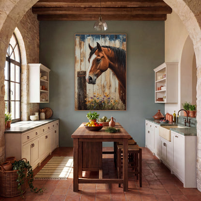 Horse Cobalt Planks Orange Blooms wall art in a farmhouse-style room – chestnut horse with white blaze beside a wooden