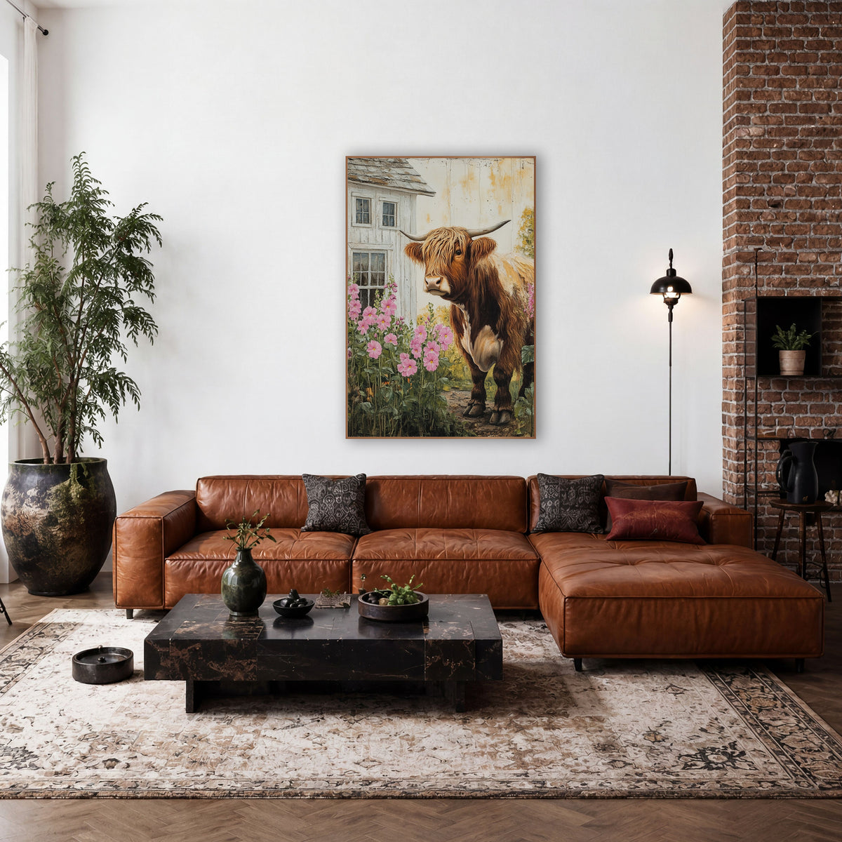 Brown Highland Cow Window Hollyhocks wall art in a farmhouse-style room – shaggy brown Highland cow with long horns