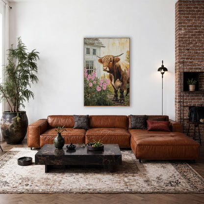 Brown Highland Cow Window Hollyhocks wall art in a farmhouse-style room – shaggy brown Highland cow with long horns