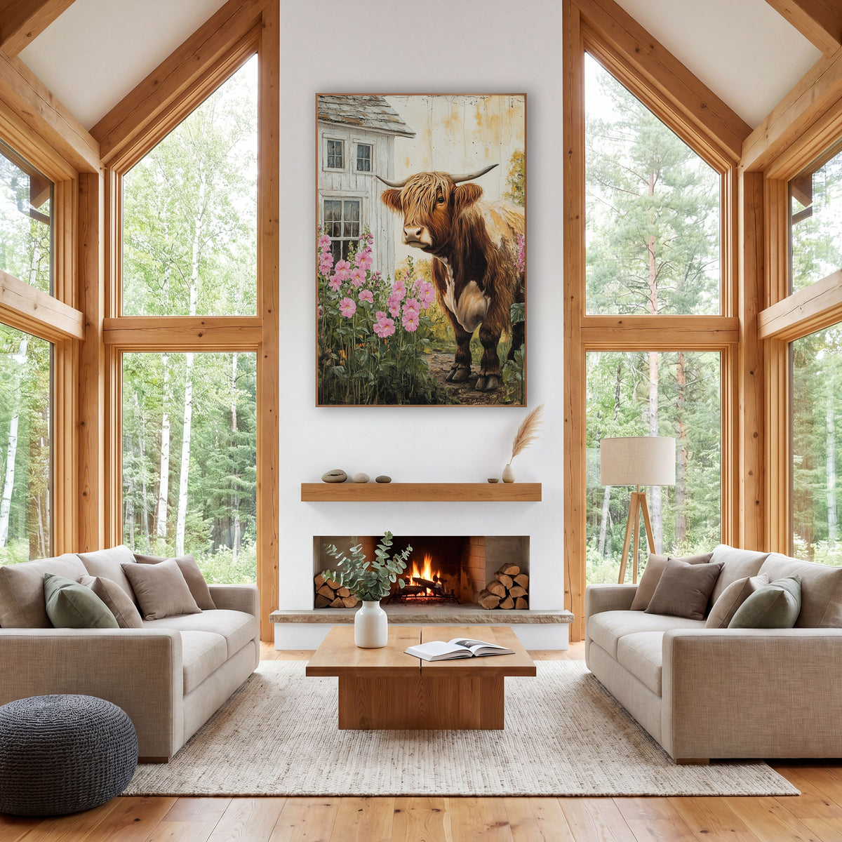 Brown Highland Cow Window Hollyhocks wall art in a farmhouse-style room – shaggy brown Highland cow with long horns