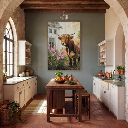Brown Highland Cow Window Hollyhocks wall art in a farmhouse-style room – shaggy brown Highland cow with long horns