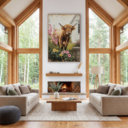 Highland Cow Stone Well Blooms wall art in a farmhouse-style room – highland cow with curved horns standing among pink