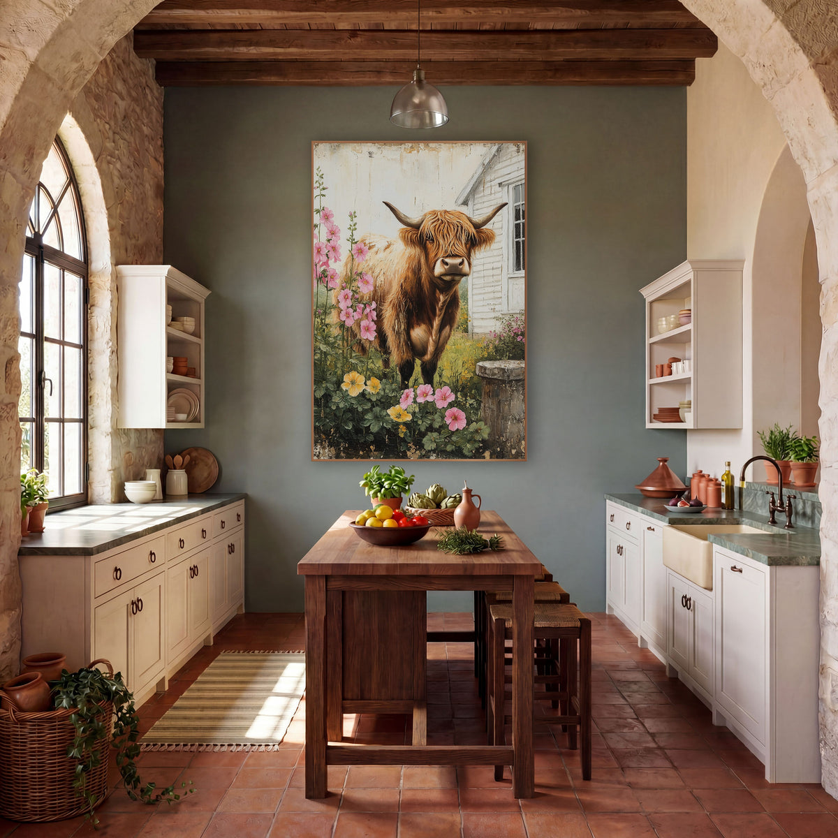 Highland Cow Stone Well Blooms wall art in a farmhouse-style room – highland cow with curved horns standing among pink