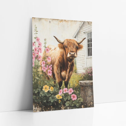 Highland Cow Stone Well Blooms art print leaning against a white wall – highland cow with curved horns standing among pink