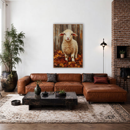 Smiling Lamb Autumn Leaves Farmhouse wall art in a farmhouse-style room – young cream lamb with pink ears standing