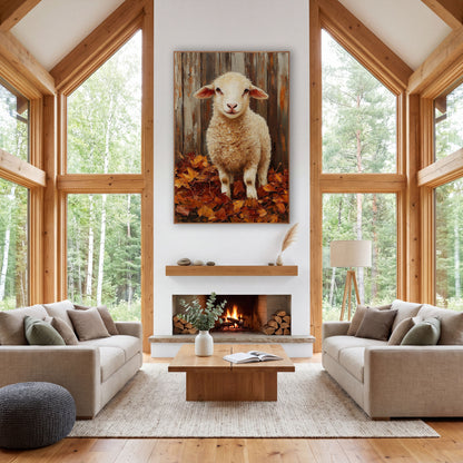 Smiling Lamb Autumn Leaves Farmhouse wall art in a farmhouse-style room – young cream lamb with pink ears standing